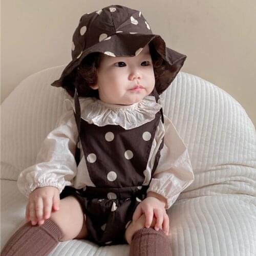 2021 Autumn Infants and Young Children Girls Babies Simple Polka Dot Suspenders Romper Lotus Leaf Collar Shirt + Overalls + Hat