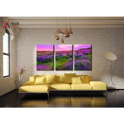 3 Panel Canvas Prints Wall Art Modular Pictures Lavender Flowers Scenery Pictures of Kitchen Giclee Prints for Living Room Decor