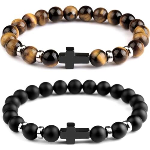 Natural Stone Hematite Stainless Steel Cross Bracelets Elastic Rope Map Lava Bead Bracelet Men Women Charm Jewelry