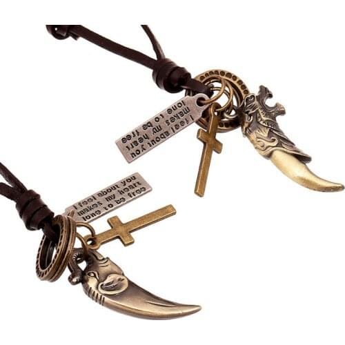 Gothic Punk Rock Men Long Necklace Metal Wolf Elephant Pendant Cross Charms Handmade Genuine Leather Chain Fashion Women Jewelry