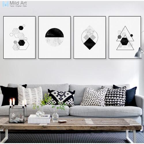 Black White Abstract Marble Geometric Shape Poster and Print Scandinavian Living Room Nordic Wall Art Home Deco Canvas Painting