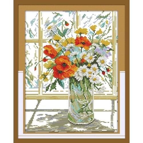 Flower Vase On Windowsill Chinese Cross Stitch Kits Ecological Cotton Clear Stamped Printed 11CT DIY Gift Christmas Decoration
