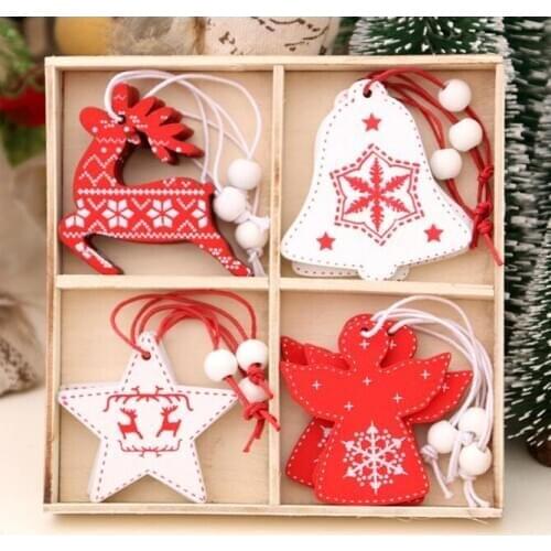12pcs/lot Wooden Christmas Tree Decorations Hanging home Ornaments Small delicate pendants in wooden boxes Christmas gift