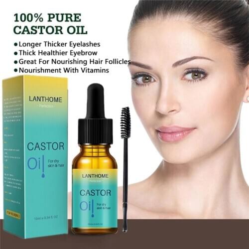 LANTHOME Eyelash Growth Essential Oil Organic Castor Oil Cold-Pressed Natural Eyelash Hexane-free Hair Oil With Mascara Brushes