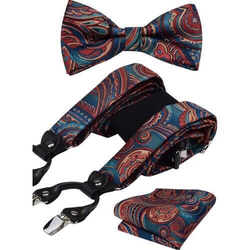 GUSLESON Mens Suspender Floral Paisley Various Braces Classic 6 Clips Y Shape Suspenders Bowtie and Pocket Square Set
