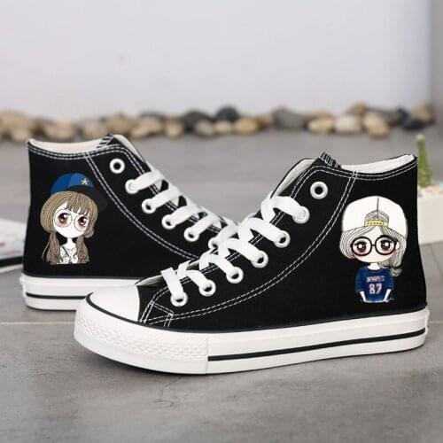 Women Sneakers Woman Graffiti Lace-up High top Canvas Shoes Girly Sweet Cute Breathable Flats Shoes Student Vulcanized Shoes