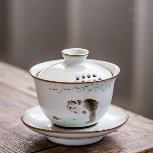 Ceramic Gaiwan with Filters Cute Cat Porcelain Tureen 150ml Handmade Kung Fu Tea Cups Home Decor Tea Bowls