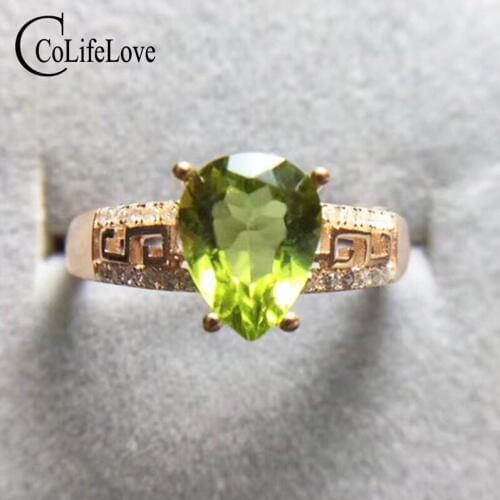 Natural pear cut peridot silver ring for party 7 mm * 9 mm 2 ct VVS peridot ring solid 925 sterling silver peridot jewelry
