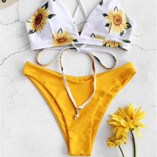 Sunflower Printed Bikini Set Sexy Swimwear Women Push Up Padded Biquini Bathers Bandage Bathing Suit Swimsuit Bikini