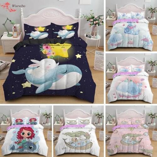 Whale Bedding Set Cartoon Mermaid Edredones Niños Duvet Cover with Pillowcase Twin/Queen/King Size Bed Room For Kids Girls Gifts