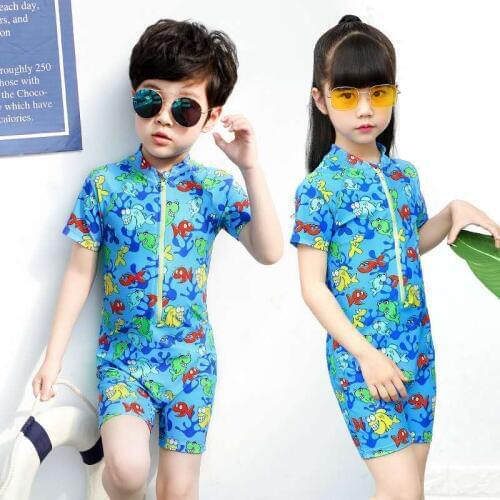 Boys and Girls Short Sleeve Swimming One-piece Suit Swimwear Children Kids Elastic Quick dry UV Protection Lycra Print Swimsuit