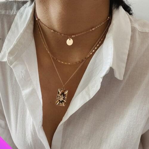 Squares carved pendant round sequin multilayer necklace clavicle chain alloy girl classic jewelry souvenir gift 2 colors