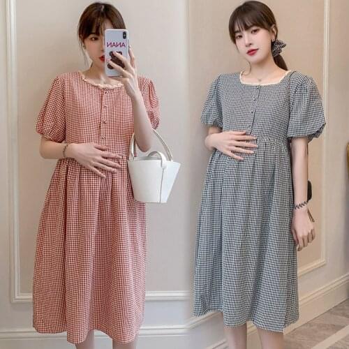 Summer Chic Small Plaid Cotton Maternity Dress A Line Loose Clothes for Pregnant Women Casual Sweet Lovely Pregnancy