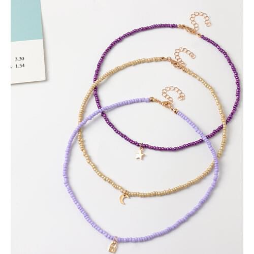 Fashion Boho Beads Choker Necklaces Womens Bohemian Neck Chain Candy Color Alloy Star Moon Pendant Necklace Jewelry For Girls