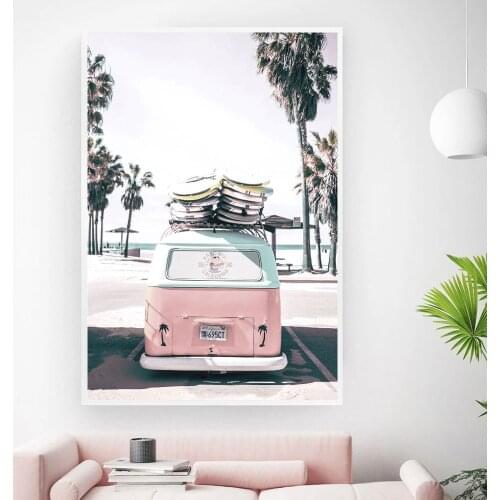 Ocean Landscape Canvas Poster Nordic Style Beach Pink BusBoho Wall Art Print Painting Decoration Pictures Scandinavian Decor