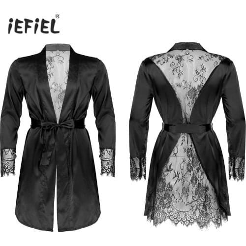 Men Bathrobe See-through Floral Lace Patchwork Nightgown Satin Night-robe Long Sleeve V Neck Short Belted Kimono Sissy Sleepwear