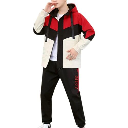 2021 Autumn Casual Mens Hooded Zipper Jacket Suits Patchwork Two-Piece Sets Daily Outerwear Spring Tops Coat& Pants Tracksuit