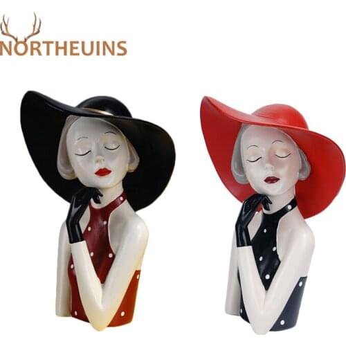 NORTHEUINS Resin Cool Girl With Hat Figurines Noric Modern for Home Decoration Accessories Aesthetic Living Room Table Decor
