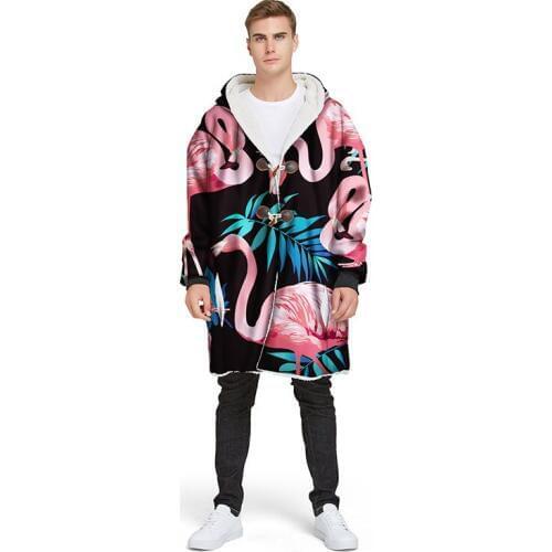 Flamingo Leaves Hooded Blanket With sleeves Wearable Throw Blanket Poncho Hoodie Robe Sweatshirt Pullover TV Fleece Blanket