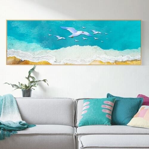 Blue Sea Wave and Seagull Landscape Posters and Prints Wall Art Canvas Painting Trees and Lakes Pictures for Living Room Décor