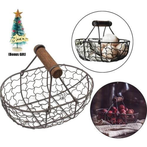Portable Metal Wire Retro Fruit Egg Food Snack Storage Basket Wooden Handle