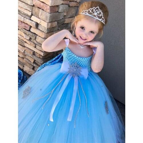 Girls Anna Blue Tutu Dress Kids Crochet Tulle Dress Ball Gown with Silver Snow and Crown Children Party Costume Princess Dresses