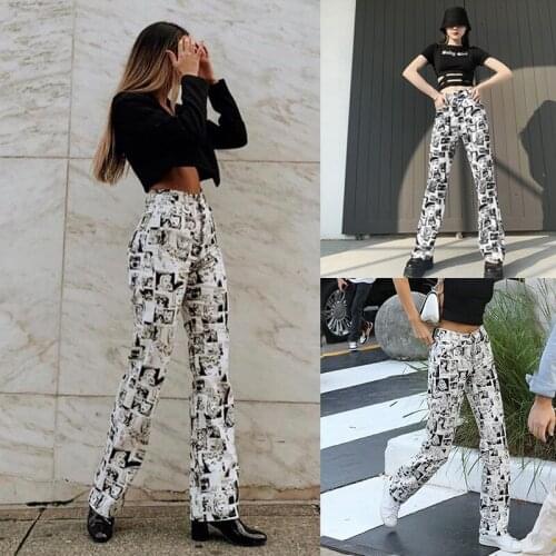 Streetwear Harajuku Fashion Pants Women Comic Printed High Waist Straight Trousers Street Casual Pants