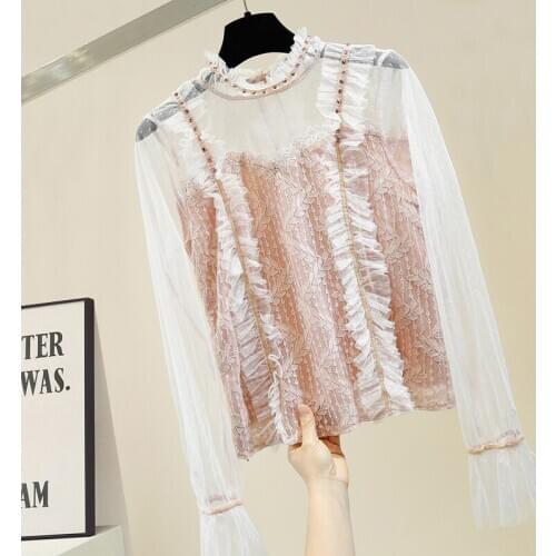 Industrial Beads Frilled Gauze Joint Lace Stand Collar Perspective Sexy Blouse Women Fashion Slim Fit Tops Blusas Femme Crop Top