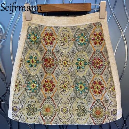 Seifrmann New 2021 Autumn Women Fashion Runway Short Skirts High Waist Gorgeous Crystal Beading Vintage Bottoms Pencil Skirts