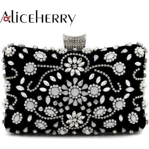 Womens Pearl diamond evening bags luxury silver chain clutch bag elegant black bag party wedding bridal box purse for Women