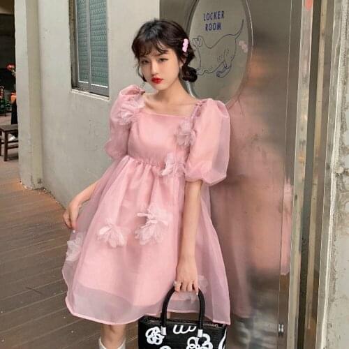 Sannian Women Dress Summer New French Retro Square Neck Bubble Sleeve Dress Gentle Princess Fairy Puffy Dress Ladies Clothes
