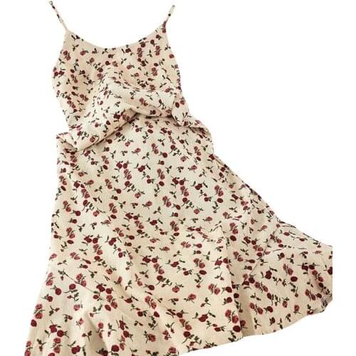 2021 Spring Summer Temperament Sleeveless Floral Dress Waist Ruffled Retro Corduroy Mid-length Sling Dress For Women 129B