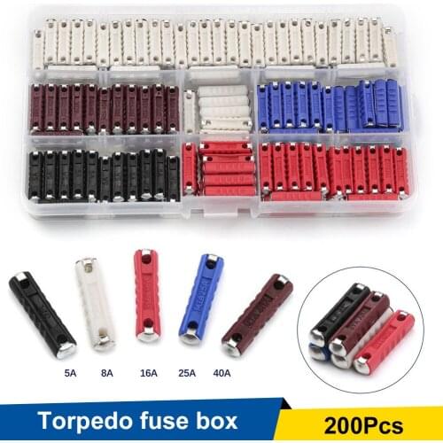 200pcs Car Fuse Assortment Torpedo Type European Automotive Fuse 5A 8A 16A 25A 40A with Storage Case Car Accessories Support CSV