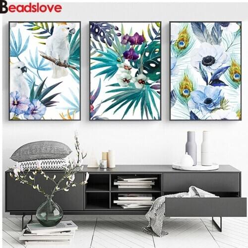 5d square round stones full diamond embroidery 3 Pcs color Parrot plant Leaves and Flowers diamond painting mosaic hobby icon