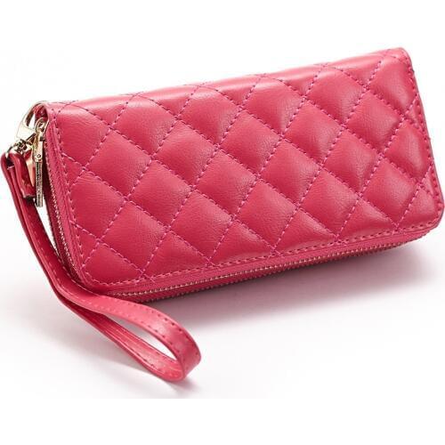 6PCS / LOT Classic Plaid Pattern Women Genuine Leather Long Wallet Wrist Bag Handbag