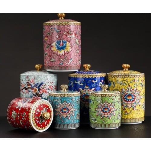 Color Enamel Sealed Tea Caddy Ceramic Tea Box Chinese Tea Storage Jar Kung Fu Tea Cans Food Container Home Decoration Ornaments