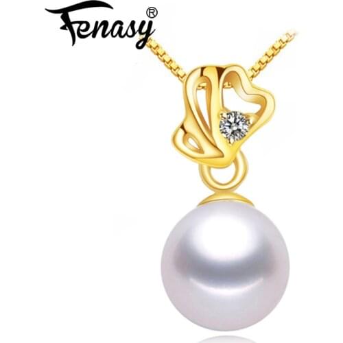FENASY 18K Gold Pendant Natural Freshwater Round Pearl Yellow Gold With Diamond Wedding Engagement Jewelry With Silver Necklace