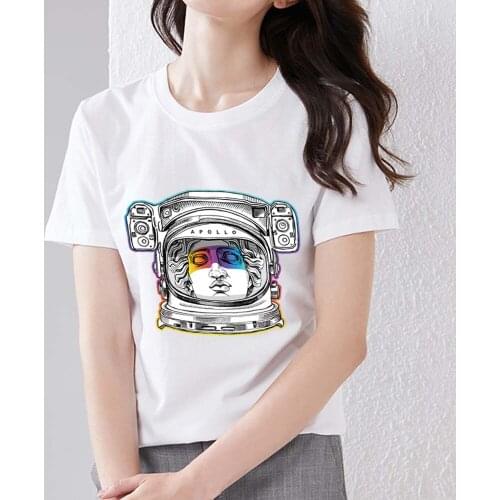 T-shirt Womens Casual Self-cultivation Cartoon Sculpture Astronaut Print Series Soft Round Neck Polyester Commuter Ladies Top
