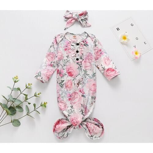 0-6M Newborn Baby Girls Boys Sleeping Bags Sleepwear Nightgown Floral Print Romper+Headband Set