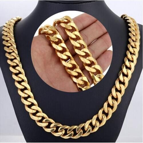 15mm Goth Mens Necklace Curb Cuban Link Chain Collar Choker Gold Color Stainless Steel Jewelry Hip Hop Boys Gift Wholesale