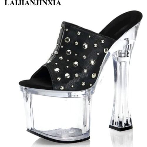 LAIJIANJINXIA New 18cm Super High Heeled Shoes Clear Slippers Sexy Womens Slippers Models Party Dress Sexy Pole Dance Shoes