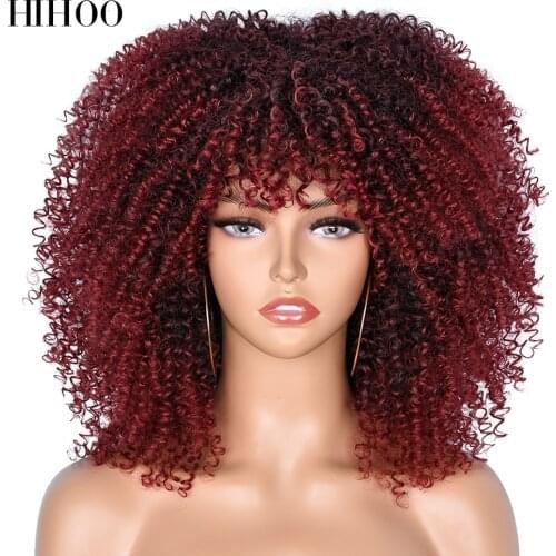 14" Short Hair Afro Kinky Curly Wigs With Bangs For Black Women Omber Brown Blonde Glueless Cosplay daily Hair High Temperature