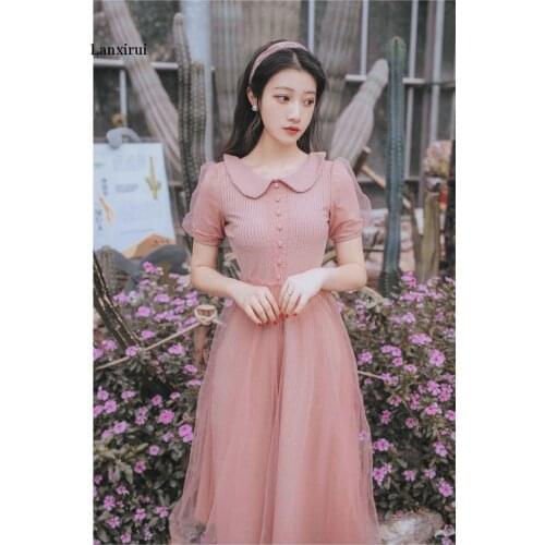Summer Women Dress Casual Peter pan Collar Mesh Patchwork Shirt Dresses Puff Sleeve Pink Mid-Calf Office Lady Dress