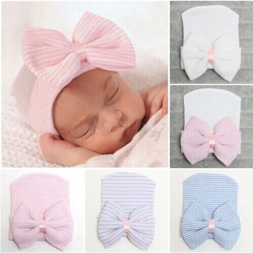 Newborn Baby Girls Striped Headband Headwear Toddler Soft Beanie Hat with Bow Mother Kids Accessories Kids Hats Caps