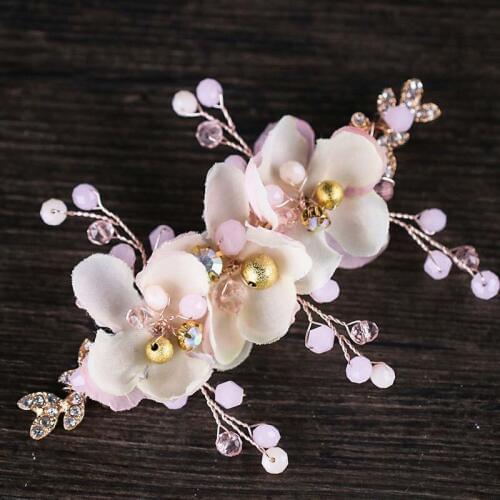 Romantic Pink Cloth Flower Hairpin Headband Crystal Bride Hair Pins Headdress Wedding Hair Clip Hair Jewelry Accessories BH