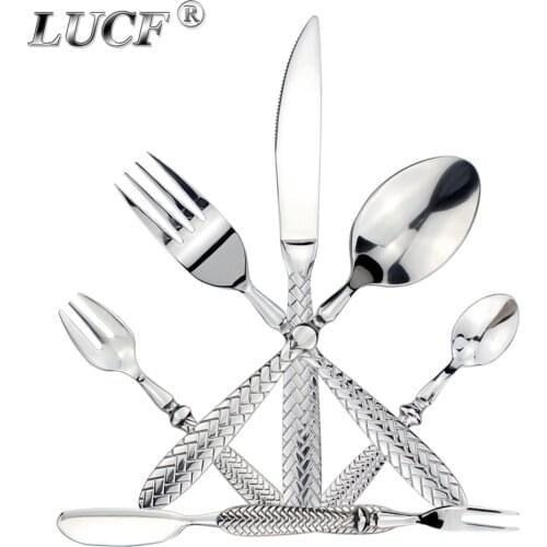 LUCF Royal Luxury woven pattern handle Stainless Steel Western Dinnerware elegant Cutlery delicate tableware for kitchen hotel