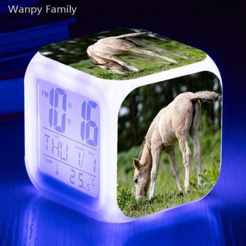 Cute Little Pony LED Alarm Clock 7 Color Glowing Multifunctio Digital Alarm Clock Kids Room Touch Sensing Flash Clock