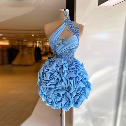 Blue Short Prom Dresses Lace Appliques High Neck Sleeveless Ruffles Evening Gowns Zippe Back Cocktail Party Dress Custom Made