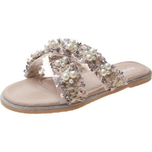 Spring/Summer New Women Slides 2021 Fashion Solid Color Flat Shoes Sandals Pearl Rhinestone Womens All-match Casual Slippers