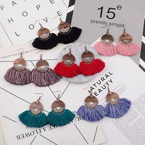 Amader 19 Colors Vintage Purple Tassel Drop Earrings For Women Round Statement Fringe Earrings Bohemian Earrings HQE638